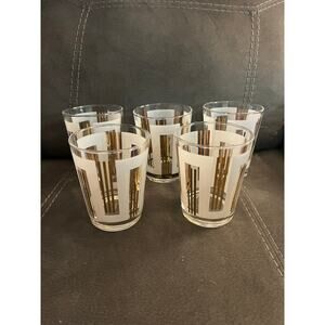 Set of 5 Vintage Frosted Panel Gold Art Deco MCM 4 1/2 glasses